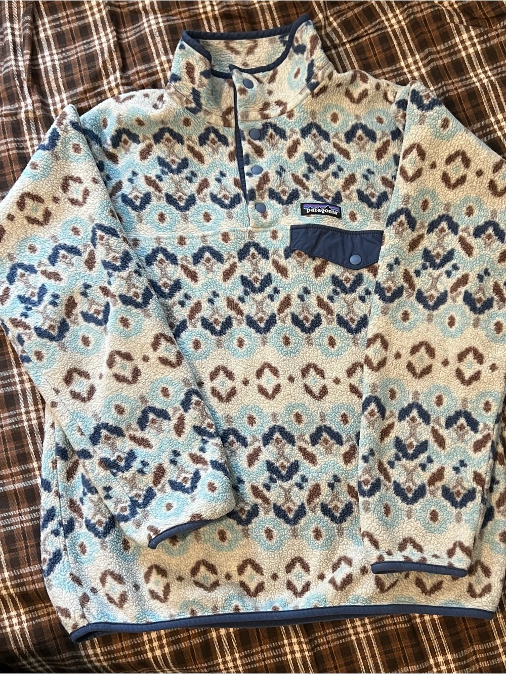 Patagonia Synchilla Fleece Womens L Tundra Cluster Big Sky Blue Snap-T Pullover 
